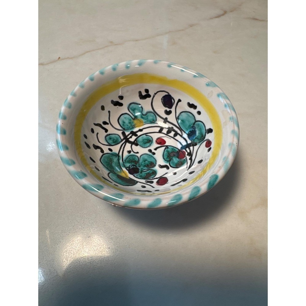 Deruta Majolica hand painted ITALY Green Rooster Small Round bowl trinket dish